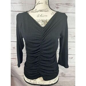 W5 Black Ruched V Neck 3/4 Sleeve Ribbed Top‎ XL NWT